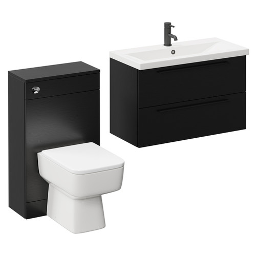 Napoli 390 Nero Oak 1300mm Wall Mounted Vanity Unit Toilet Suite with 1 Tap Hole Basin and 2 Drawers with Matt Black Handles Left Hand View