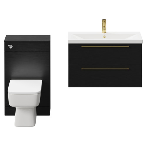 Napoli 390 Nero Oak 1300mm Wall Mounted Vanity Unit Toilet Suite with 1 Tap Hole Basin and 2 Drawers with Brushed Brass Handles Front View