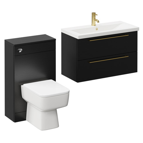 Napoli 390 Nero Oak 1300mm Wall Mounted Vanity Unit Toilet Suite with 1 Tap Hole Basin and 2 Drawers with Brushed Brass Handles Left Hand View