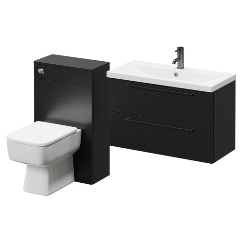 Napoli 390 Nero Oak 1300mm Wall Mounted Vanity Unit Toilet Suite with 1 Tap Hole Basin and 2 Drawers with Gunmetal Grey Handles Right Hand View