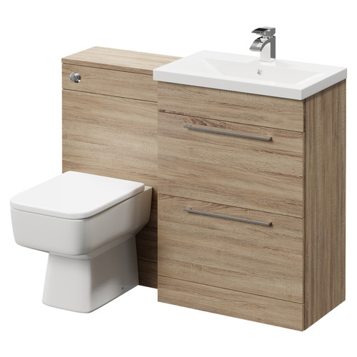 Napoli 390 Bordalino Oak 1100mm Vanity Unit Toilet Suite with 1 Tap Hole Basin and 2 Drawers with Polished Chrome Handles Right Hand View