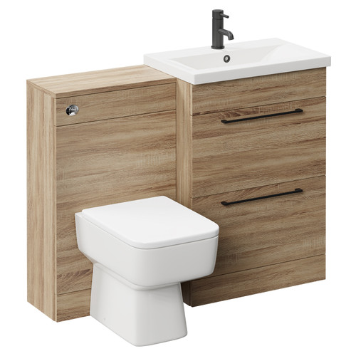 Napoli 390 Bordalino Oak 1100mm Vanity Unit Toilet Suite with 1 Tap Hole Basin and 2 Drawers with Matt Black Handles Left Hand View