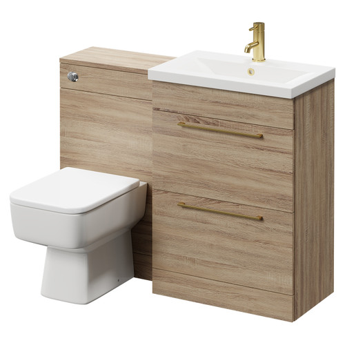 Napoli 390 Bordalino Oak 1100mm Vanity Unit Toilet Suite with 1 Tap Hole Basin and 2 Drawers with Brushed Brass Handles Right Hand View