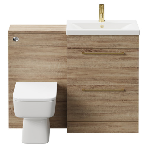 Napoli 390 Bordalino Oak 1100mm Vanity Unit Toilet Suite with 1 Tap Hole Basin and 2 Drawers with Brushed Brass Handles Front View