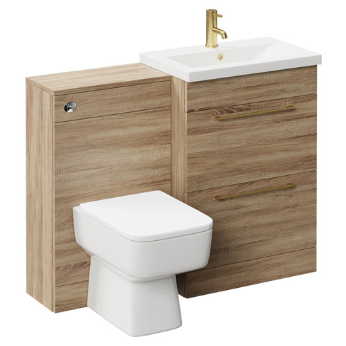 Napoli 390 Bordalino Oak 1100mm Vanity Unit Toilet Suite with 1 Tap Hole Basin and 2 Drawers with Brushed Brass Handles Left Hand View