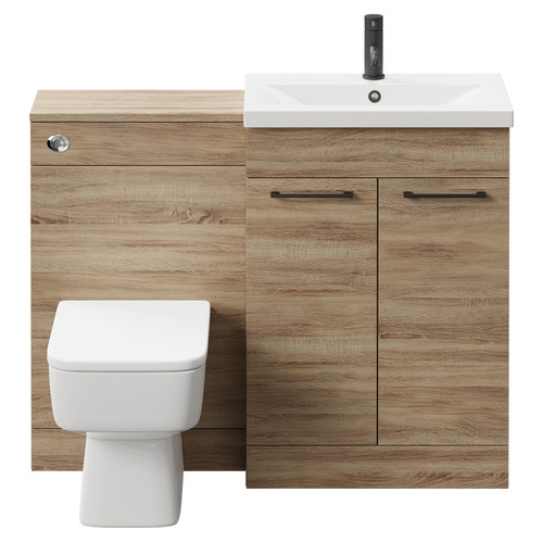 Napoli 390 Bordalino Oak 1100mm Vanity Unit Toilet Suite with 1 Tap Hole Basin and 2 Doors with Matt Black Handles Front View