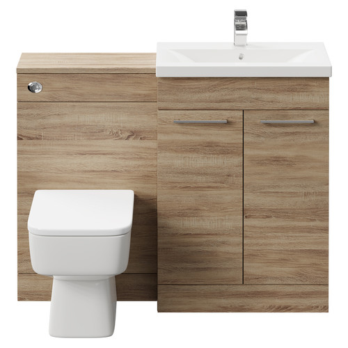 Napoli 390 Bordalino Oak 1100mm Vanity Unit Toilet Suite with 1 Tap Hole Basin and 2 Doors with Brushed Brass Handles Front View