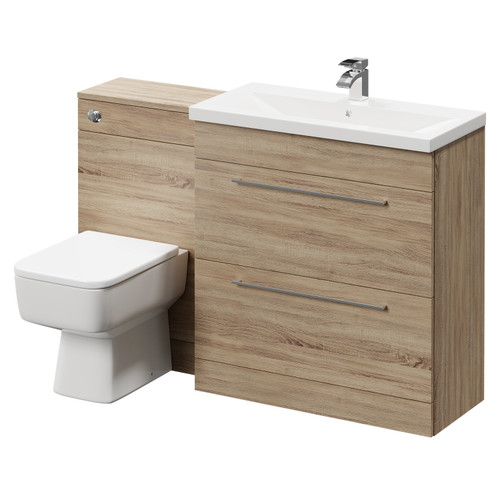 Napoli 390 Bordalino Oak 1300mm Vanity Unit Toilet Suite with 1 Tap Hole Basin and 2 Drawers with Polished Chrome Handles Right Hand View