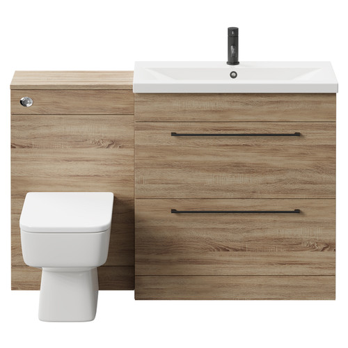 Napoli 390 Bordalino Oak 1300mm Vanity Unit Toilet Suite with 1 Tap Hole Basin and 2 Drawers with Matt Black Handles Front View