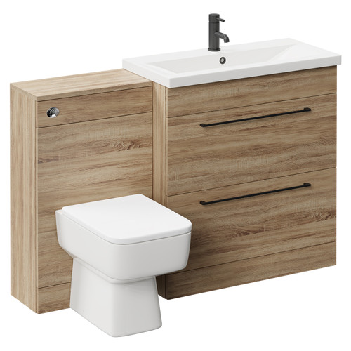 Napoli 390 Bordalino Oak 1300mm Vanity Unit Toilet Suite with 1 Tap Hole Basin and 2 Drawers with Matt Black Handles Left Hand View