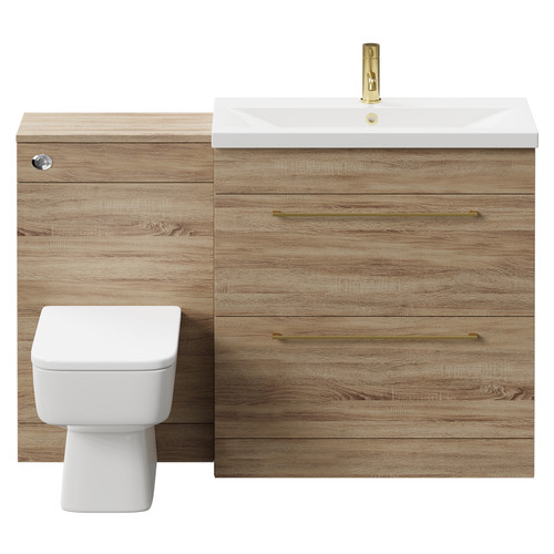 Napoli 390 Bordalino Oak 1300mm Vanity Unit Toilet Suite with 1 Tap Hole Basin and 2 Drawers with Brushed Brass Handles Front View