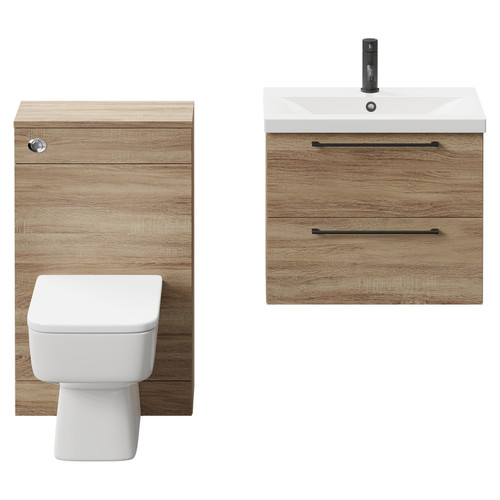 Napoli 390 Bordalino Oak 1100mm Wall Mounted Vanity Unit Toilet Suite with 1 Tap Hole Basin and 2 Drawers with Matt Black Handles Front View