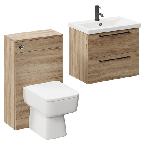Napoli 390 Bordalino Oak 1100mm Wall Mounted Vanity Unit Toilet Suite with 1 Tap Hole Basin and 2 Drawers with Matt Black Handles Left Hand View
