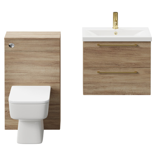 Napoli 390 Bordalino Oak 1100mm Wall Mounted Vanity Unit Toilet Suite with 1 Tap Hole Basin and 2 Drawers with Brushed Brass Handles Front View