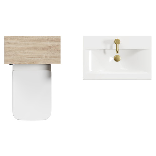 Napoli 390 Bordalino Oak 1100mm Wall Mounted Vanity Unit Toilet Suite with 1 Tap Hole Basin and 2 Drawers with Brushed Brass Handles View from Top