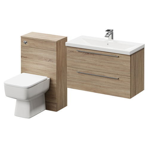 Napoli 390 Bordalino Oak 1300mm Wall Mounted Vanity Unit Toilet Suite with 1 Tap Hole Basin and 2 Drawers with Polished Chrome Handles Right Hand View