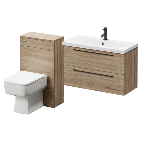 Napoli 390 Bordalino Oak 1300mm Wall Mounted Vanity Unit Toilet Suite with 1 Tap Hole Basin and 2 Drawers with Matt Black Handles Right Hand View