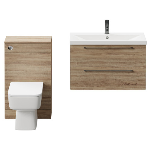 Napoli 390 Bordalino Oak 1300mm Wall Mounted Vanity Unit Toilet Suite with 1 Tap Hole Basin and 2 Drawers with Gunmetal Grey Handles Front View