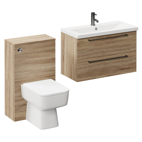 Napoli 390 Bordalino Oak 1300mm Wall Mounted Vanity Unit Toilet Suite with 1 Tap Hole Basin and 2 Drawers with Gunmetal Grey Handles Left Hand View