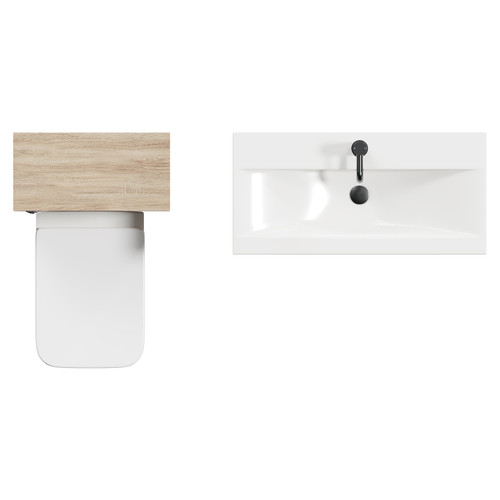Napoli 390 Bordalino Oak 1300mm Wall Mounted Vanity Unit Toilet Suite with 1 Tap Hole Basin and 2 Drawers with Gunmetal Grey Handles View from Top