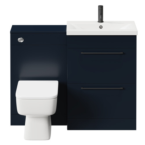 Napoli 390 Deep Blue 1100mm Vanity Unit Toilet Suite with 1 Tap Hole Basin and 2 Drawers with Matt Black Handles Front View