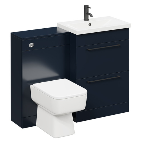 Napoli 390 Deep Blue 1100mm Vanity Unit Toilet Suite with 1 Tap Hole Basin and 2 Drawers with Matt Black Handles Left Hand View
