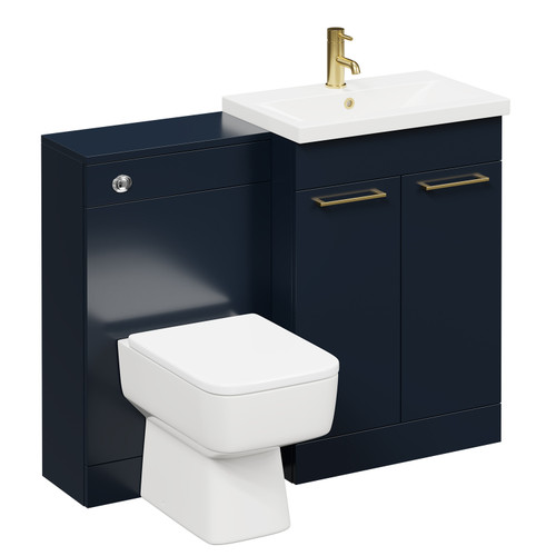 Napoli 390 Deep Blue 1100mm Vanity Unit Toilet Suite with 1 Tap Hole Basin and 2 Doors with Brushed Brass Handles Left Hand View