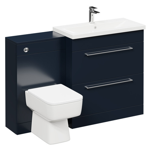 Napoli 390 Deep Blue 1300mm Vanity Unit Toilet Suite with 1 Tap Hole Basin and 2 Drawers with Polished Chrome Handles Left Hand View