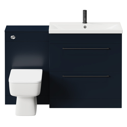 Napoli 390 Deep Blue 1300mm Vanity Unit Toilet Suite with 1 Tap Hole Basin and 2 Drawers with Matt Black Handles Front View