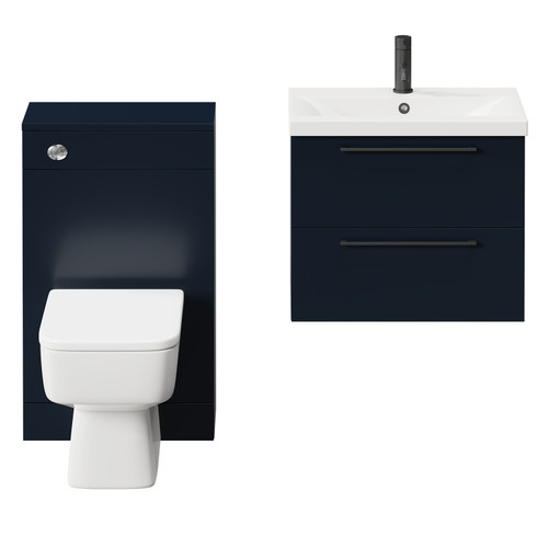 Napoli 390 Deep Blue 1100mm Wall Mounted Vanity Unit Toilet Suite with 1 Tap Hole Basin and 2 Drawers with Matt Black Handles Front View