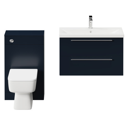 Napoli 390 Deep Blue 1300mm Wall Mounted Vanity Unit Toilet Suite with 1 Tap Hole Basin and 2 Drawers with Polished Chrome Handles Front View
