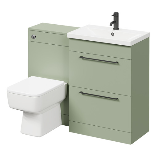 Napoli 390 Olive Green 1100mm Vanity Unit Toilet Suite with 1 Tap Hole Basin and 2 Drawers with Matt Black Handles Right Hand View