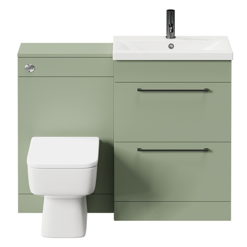 Napoli 390 Olive Green 1100mm Vanity Unit Toilet Suite with 1 Tap Hole Basin and 2 Drawers with Gunmetal Grey Handles Front View
