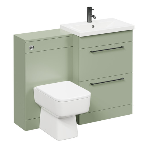 Napoli 390 Olive Green 1100mm Vanity Unit Toilet Suite with 1 Tap Hole Basin and 2 Drawers with Gunmetal Grey Handles Left Hand View