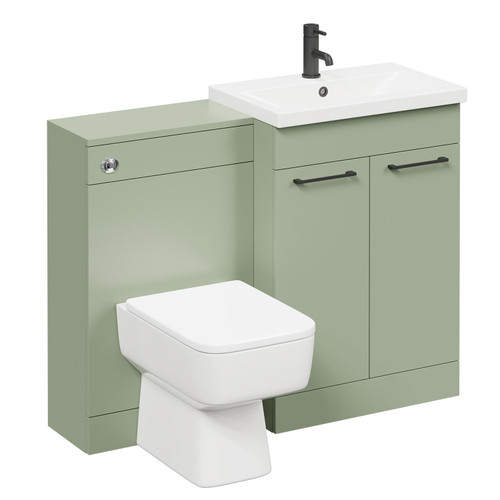 Napoli 390 Olive Green 1100mm Vanity Unit Toilet Suite with 1 Tap Hole Basin and 2 Doors with Matt Black Handles Left Hand View