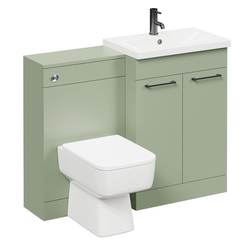 Napoli 390 Olive Green 1100mm Vanity Unit Toilet Suite with 1 Tap Hole Basin and 2 Doors with Gunmetal Grey Handles Left Hand View