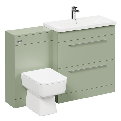 Napoli 390 Olive Green 1300mm Vanity Unit Toilet Suite with 1 Tap Hole Basin and 2 Drawers with Polished Chrome Handles Left Hand View