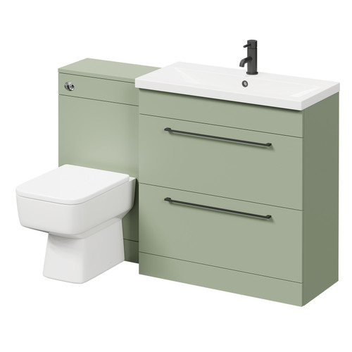 Napoli 390 Olive Green 1300mm Vanity Unit Toilet Suite with 1 Tap Hole Basin and 2 Drawers with Matt Black Handles Right Hand View