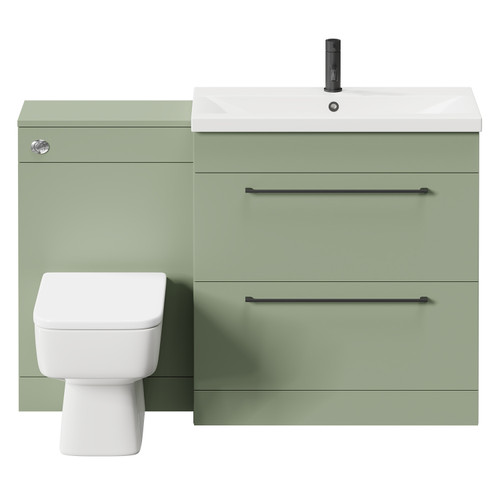 Napoli 390 Olive Green 1300mm Vanity Unit Toilet Suite with 1 Tap Hole Basin and 2 Drawers with Matt Black Handles Front View
