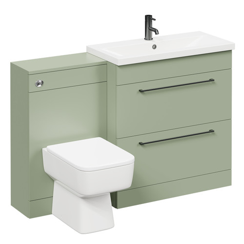 Napoli 390 Olive Green 1300mm Vanity Unit Toilet Suite with 1 Tap Hole Basin and 2 Drawers with Gunmetal Grey Handles Left Hand View