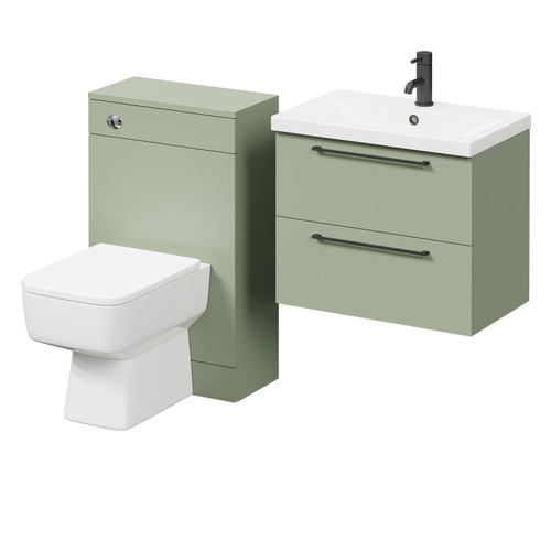 Napoli 390 Olive Green 1100mm Wall Mounted Vanity Unit Toilet Suite with 1 Tap Hole Basin and 2 Drawers with Matt Black Handles Right Hand View