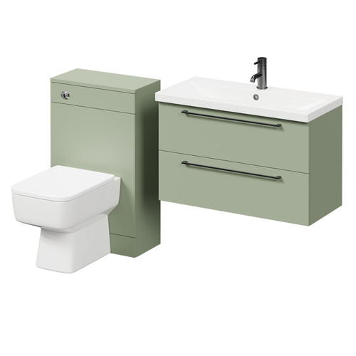 Napoli 390 Olive Green 1300mm Wall Mounted Vanity Unit Toilet Suite with 1 Tap Hole Basin and 2 Drawers with Gunmetal Grey Handles Right Hand View