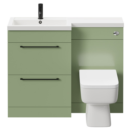 Napoli 390 Combination Olive Green 1100mm Vanity Unit Toilet Suite with Left Hand L Shaped 1 Tap Hole Basin and 2 Doors with Matt Black Handles Front View