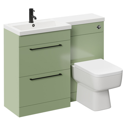 Napoli 390 Combination Olive Green 1100mm Vanity Unit Toilet Suite with Left Hand L Shaped 1 Tap Hole Basin and 2 Doors with Matt Black Handles Left Hand View