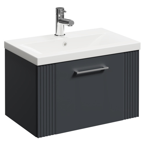 Avant Satin Anthracite 600mm Wall Mounted Vanity Unit with 1 Tap Hole Mid Edge Basin and Single Drawer with Polished Chrome Handle Left Hand View