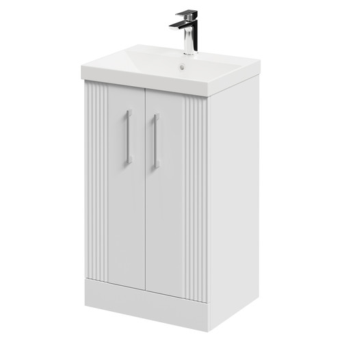 Avant Satin White 500mm Floor Standing Vanity Unit with 1 Tap Hole Slim Edge Basin and 2 Doors with Polished Chrome Handles Right Hand View