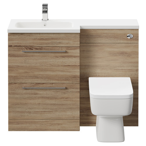 Napoli 390 Combination Bordalino Oak 1100mm Vanity Unit Toilet Suite with Left Hand L Shaped 1 Tap Hole Basin and 2 Drawers with Polished Chrome Handles Front View