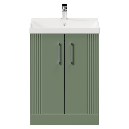 Avant Satin Green 600mm Floor Standing Vanity Unit with 1 Tap Hole Slim Edge Basin and 2 Doors with Polished Chrome Handles Front View