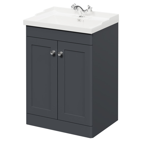 Danbury Satin Anthracite 600mm Floor Standing Vanity Unit with 1 Tap Hole Traditional Basin and 2 Doors with Polished Chrome Handles Right Hand View