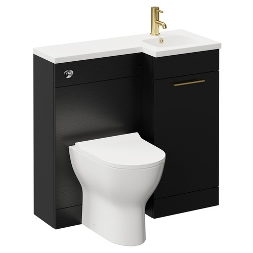 Napoli Combination Nero Oak 900mm Vanity Unit Toilet Suite with Right Hand L Shaped 1 Tap Hole Round Basin and Single Door with Brushed Brass Handle Left Hand View